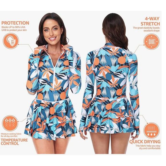 NEW Uniquebella Rash Guard Swim Dress Large Long Sleeve Zip Skirted NWT - Picture 2 of 6